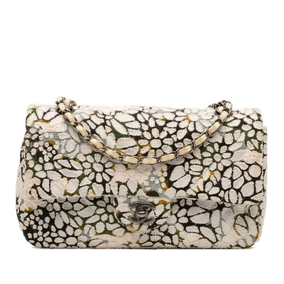 Authenticated Chanel Medium Classic Chevron Tweed Floral Double Flap White - Image 1 of 4