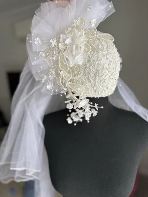 "Sombrero de novia bohemio vintage velo blanco encaje cuentas floral boda 30"" con peine" Foto 1 de 4