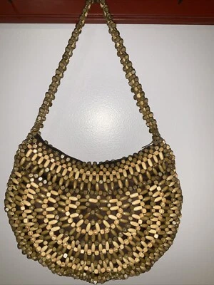 Vintage Wooden Beaded Boho Festival Beach Shoulder Bag Handbag Cato Real Wood - Image 1 of 4