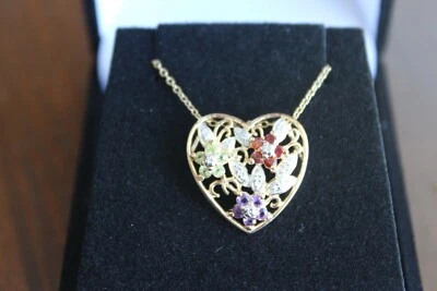 2 克拉 18 英寸镀金纯银多宝石银色花朵心形吊坠带盒 — 第 1/4 张图片