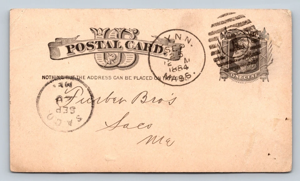 c1884 Postal Card 1c Oval '1' Duplex Killer LYNN MA To SACO Maine Business Order - Image 1 of 3