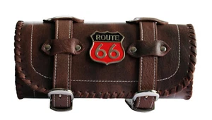 Metal Route 66 Brown Motorcycle Leather Tool Bag Barrel Motorcycle Roll - Picture 1 of 4