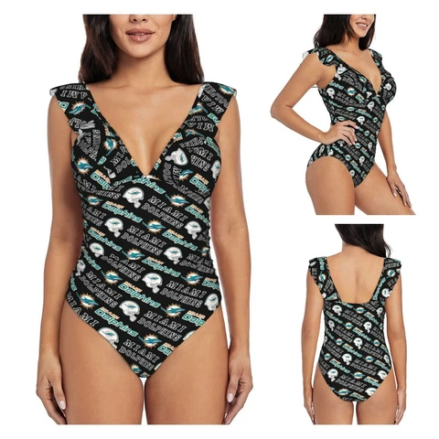 Women's Ruffle One Piece Swimsuit High Elasticity Swimsuit Miami Dolphins Cover