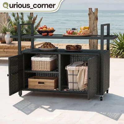Carros enrollables al aire libre ratán mimbre cocina isla almacenamiento patio bar mesa de vidrio Foto 1 de 4
