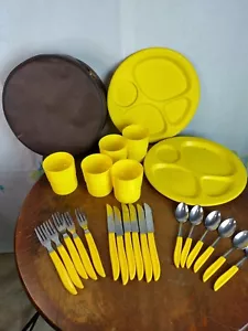 Vtg Quikut Camping Travel Dining Set With Brown Leather Case - Picture 1 of 22