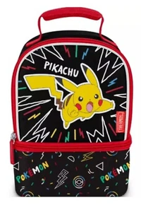 Pokemon Pikachu Kids Reusable Dual Compartment Insulated Lunch Bag Box Black - Picture 1 of 6