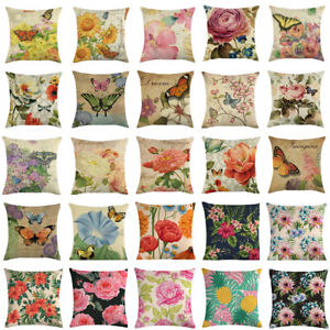 Square Linen Floral Cushion Cover Rose Flower Peony Throw Decorative Pillow Case
