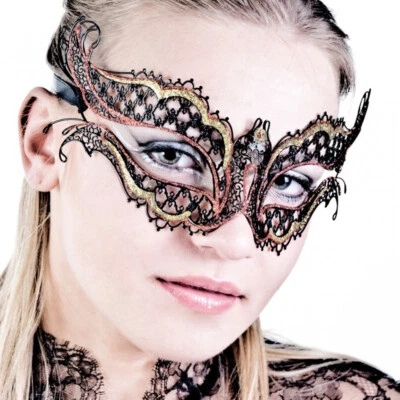 Venetian Eye Mask, Metal Filigree, Black Lacquered, Rhinestone, Luna Veneziana - Imagem 1 de 2