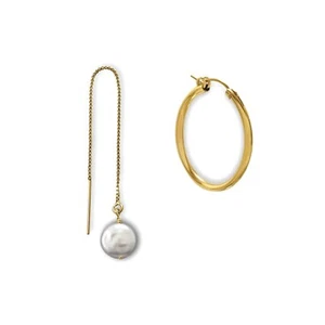 Mismatch Gold filled Earring Pair w one Hoop and one Threader w Freshwater Pearl - Picture 1 of 3