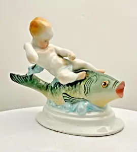 HUNGARY HEREND PUTTY BOY RIDING A FISH PORCELAIN FIGURINE 4.8" c1970 v/g - Picture 1 of 8