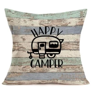 Pillow Covers Retro Wood Background with Happy Camper Decorative Cotton Linen... - Picture 1 of 4