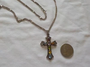 Vintage Sterling Silver?? Multi Gemstones Marcasite Cross Pendant Necklace 30" - Picture 1 of 9