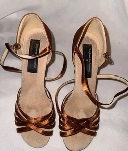 Stephanie Professional Bronze Satin Strappy Ballroom Dance Dancing Shoes US 8 3" - Picture 1 of 4