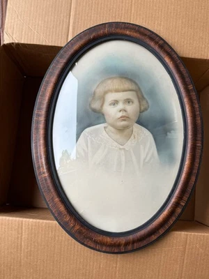 Antiguo marco de fotos victoriano Art Deco ovalado convexo burbuja vidrio rayas de tigre Foto 1 de 4