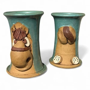Studio Art Pottery Horses Butt and Head Face Pair Teal Colored 3D Mugs - Picture 1 of 16