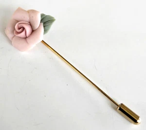 Vintage Pink Rose & Leaf Porcelain Gold Tone Stick Pin 2-7/8" - Picture 1 of 5