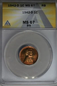 1942-D .01 ANACS MS 67 RB Lincoln Head Cent, Lincoln One Cent - Picture 1 of 2