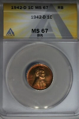 1942-D  .01  ANACS  MS 67 RB  Lincoln Head Cent, Lincoln One Cent - Image 1 of 2