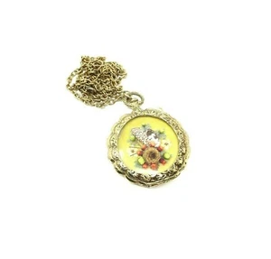 Vintage Flower & Butterfly Shadow Box Pocket Watch Necklace 60s 70s Natural - Picture 1 of 7