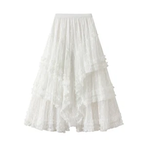 Femme Maille Dentelle Épissure Irrégulière Jupe Fairy Bal Demi Robe Trapèze Fête - Picture 1 of 12