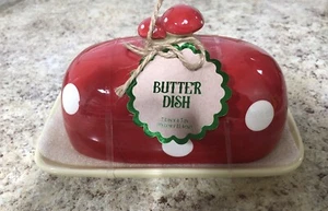 Global Design Collection Red Polka Dot Mushroom Ceramic Butter Dish - Picture 1 of 6