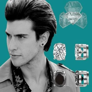 Non Pierced Magnetic Studs Cubic Zircon Crystals Silver Stainless Steel Earrings - Picture 1 of 12