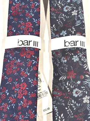 Neckties BAR III Designer FLORAL Blue/Burgundy Mens Polyester/Silk Skinny NWT 2X - Image 1 of 4