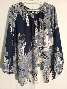 Charter Club-Blue Tan White Paisley Long Sleeve Round Neck Keyhole Top Blouse-1X - Picture 1 of 5