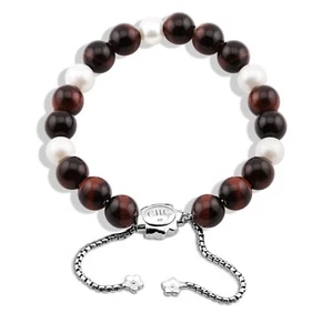 Red Tiger’s Eye & Pearl Bead Bracelet 925 Silver – Adjustable & Engravable - Picture 1 of 4