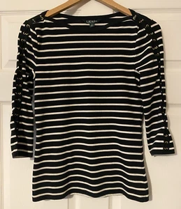 Top Lauren Ralph Lauren bianco e nero a righe manica 3/4 taglia Medium - Foto 1 di 6