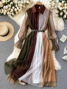 s-Spring Summer Fashion Contrast Color Patchwork Mesh Shirt Dress Women s-xxl - Picture 1 of 5