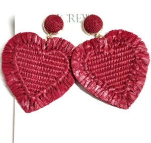 J.Crew Oversized Heart Raffia Dangle Earrings Vintage Red Plated Brass BX266 NWT - Picture 1 of 12