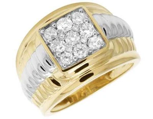 10K Two Tone Gold Genuine Diamond Groove Square Pinky Statement Ring 1.33ct 12MM - Picture 1 of 6