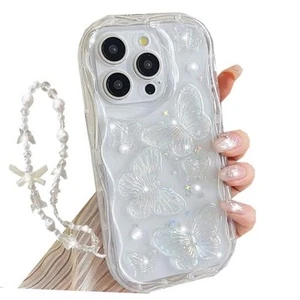 Glitter 3D Butterfly Case for iPhone 15 Pro Max,Cute Curly Wave Frame Clear - Picture 1 of 8