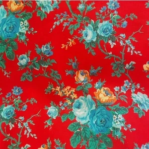 Vintage 1990 BLUE ROSES ON RED 48 In Cotton Fabric Sold by the Yard - Picture 1 of 2