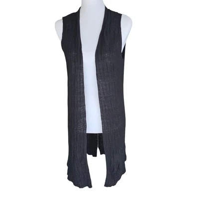 Eileen Fisher Black 100% Organic Linen Sleeveless Long Knit Cardigan Vest M/M - Image 1 of 4