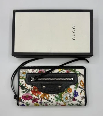 Cartera Gucci x Balenciaga Beige Negro Lona Cuero Floral Cremallera Alrededor 681710-2 Foto 1 de 4