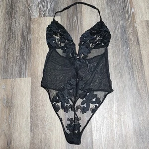 Victoria Secret Lingerie Teddy One Piece Bodysuit Black Embroidered Floral Sheer - Picture 1 of 10