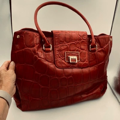 Antonio Melani Red Leather Croc Embossed Large Shoulder Bag Purse - Image 1 of 4