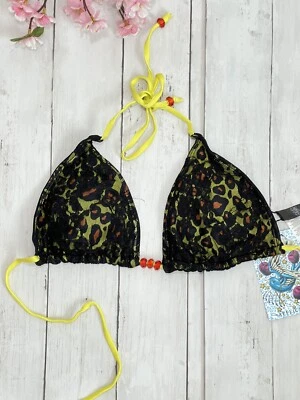 SINFUL By Affliction 太阳能双面花边豹纹黑色黄色比基尼上衣 M — 第 1/3 张图片