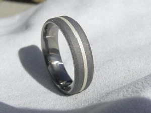 Bevel Cut, Titanium and Silver Stripe Ring, 6mm Wide, Sandblasted - Picture 1 of 8