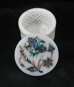 Abalone Shell Inlay Work Engagement Ring Box White Marble Trinket Box 2.5 Inches - Picture 1 of 5