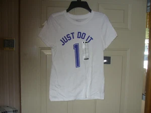 GIRLS NIKE JUST DO IT 1 TEE SHIRT CHOICE SIZE,WHITE-BLUE BQ6259 100 NWT - Picture 1 of 2