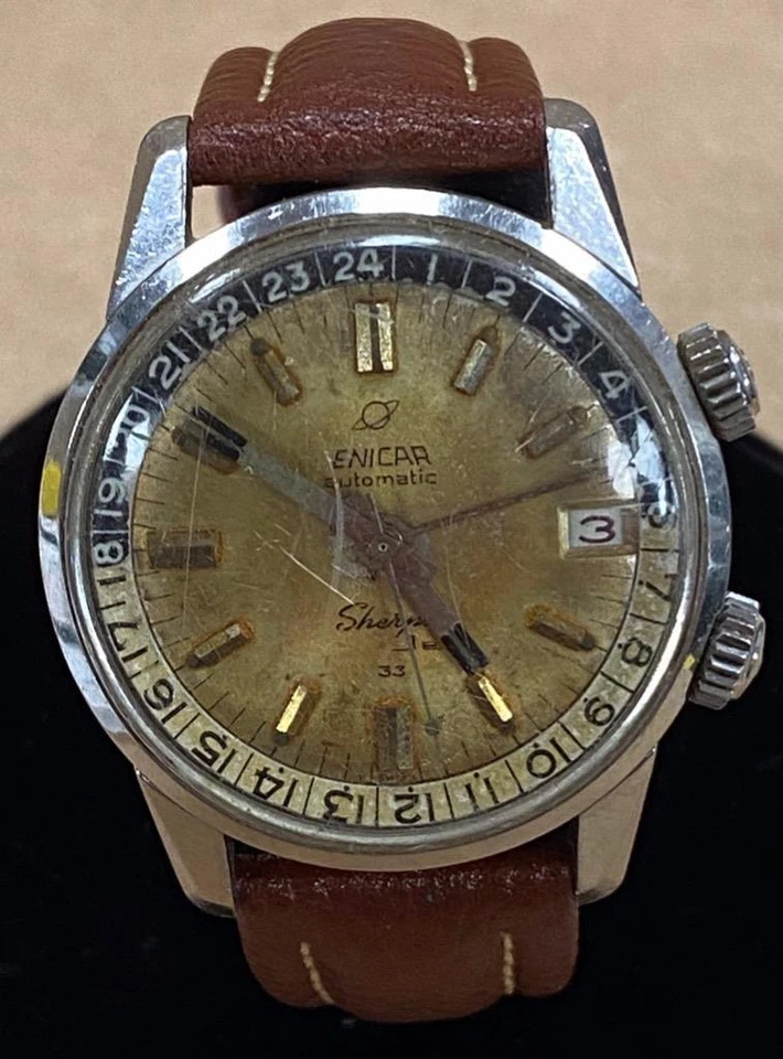 RELOJ AUTOMÁTICO VINTAGE ENICAR SHERPA JET ESFERA TROPICAL 36mm. Foto 1 de 1