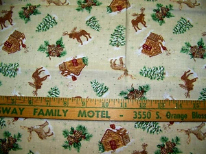 PRIMITIVE CABIN MOOSE DEER TREES TOSS CHRISTMAS PRINT FQ COTTON FABRIC quilt - Picture 1 of 1