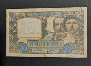 1942 France 20 Francs Banknote Pick# 92c -VG w/ Repaired Tear! - d3786usxx2 - Picture 1 of 2