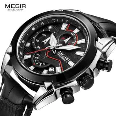 Men's Quartz Watch Black Leather Strap Chronograph Military Sport Wristwatch New - Image 1 of 4