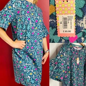 £65 BNWT White Stuff Markmate Jersey Floral Bell Sleeve Green Shift Dress UK16 - Picture 1 of 12