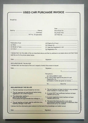 A4 Used Car Vehicle Purchase Invoice pad Inv Motor Trade Receipt Buy