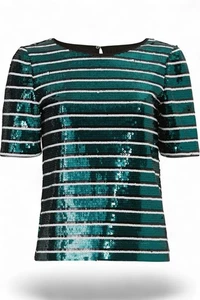 Top Badgley Mischka Mujer Talla 0 Lentejuelas Verde Negro Plata Rayas Fiesta Vacaciones - Imagen 1 de 8
